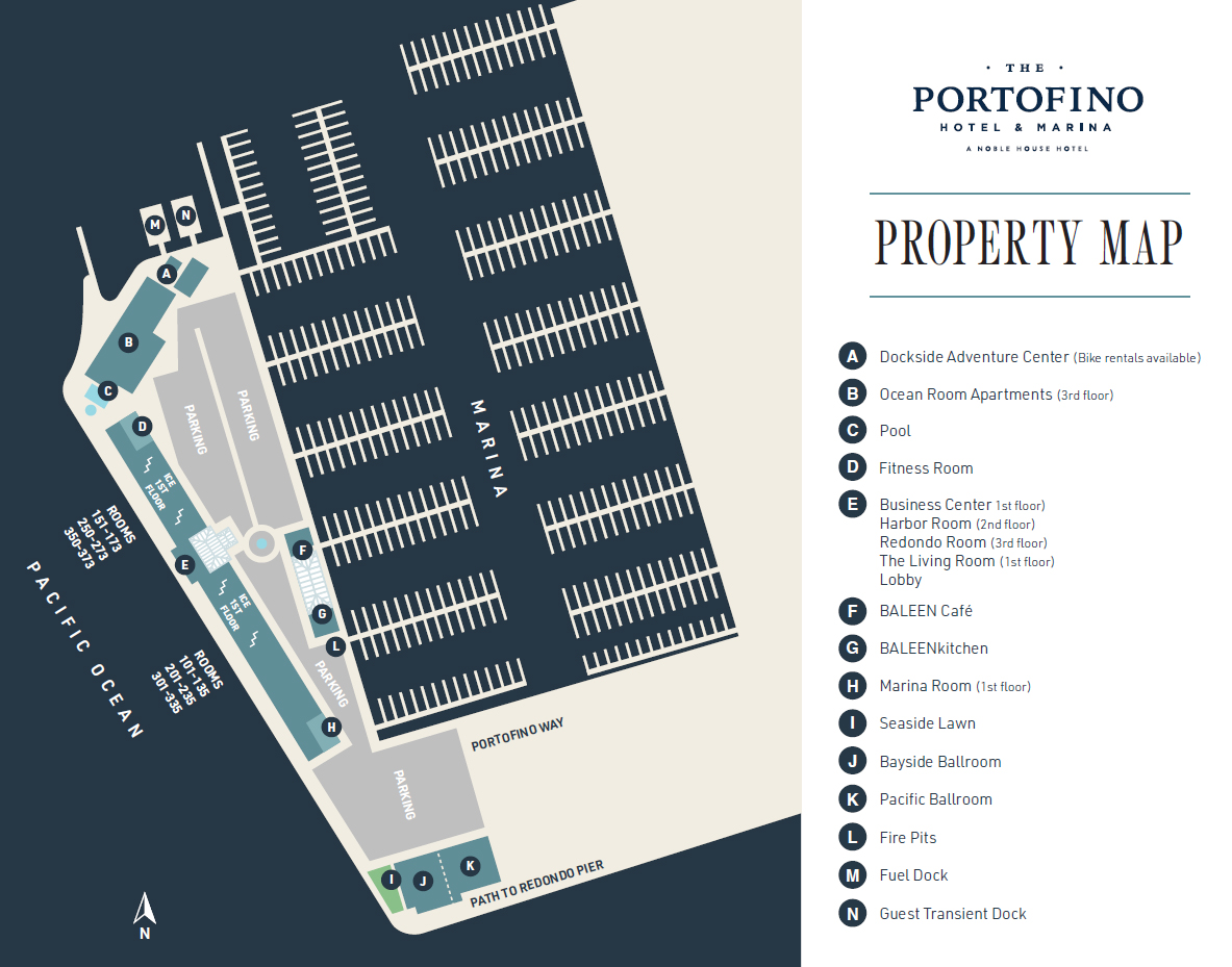 Portofino Marina slip map showing dock layout and boat slip sizes in King Harbor, Redondo Beach
